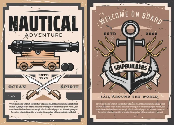 Ancla Náutica Cartel Heráldico Antiguo Vector Cañón Naval Anclajes Barcos — Vector de stock