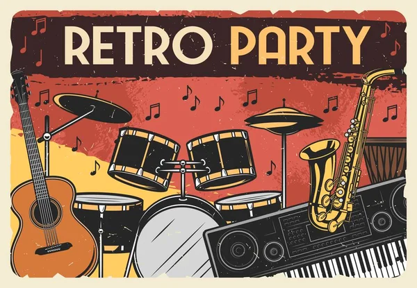 Instrumentos Musicales Diseño Vectorial Fiesta Música Retro Guitarra Tambor Saxofón — Vector de stock