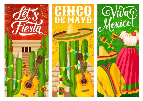 Férias Mexicanas Cinco Mayo Banners Vetor Fiesta Chapéus Sombrero México —  Vetores de Stock