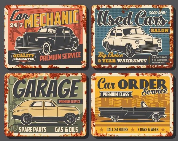 Bannières Métalliques Rouillées Voiture Rétro Service Automobile Garage Mécanicien Gaz — Image vectorielle