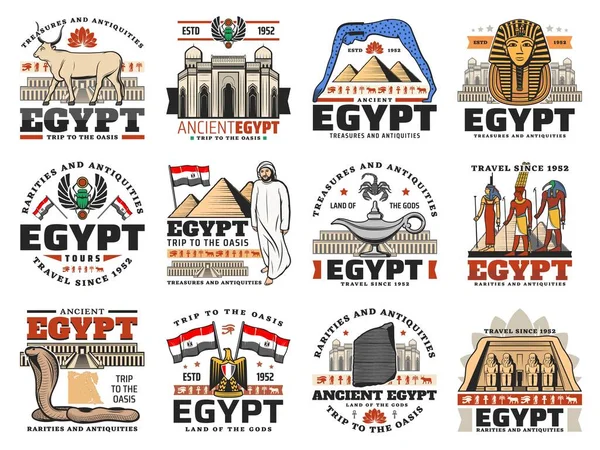エジプトの旅行ベクトルデザインの古代エジプトのアイコン ファラオのピラミッド スフィンクスとギーザの寺院 アムン イシスとホルスとアンフの目でそれらの神々 フラグと紋章ワシ スカラベと牛 — ストックベクタ
