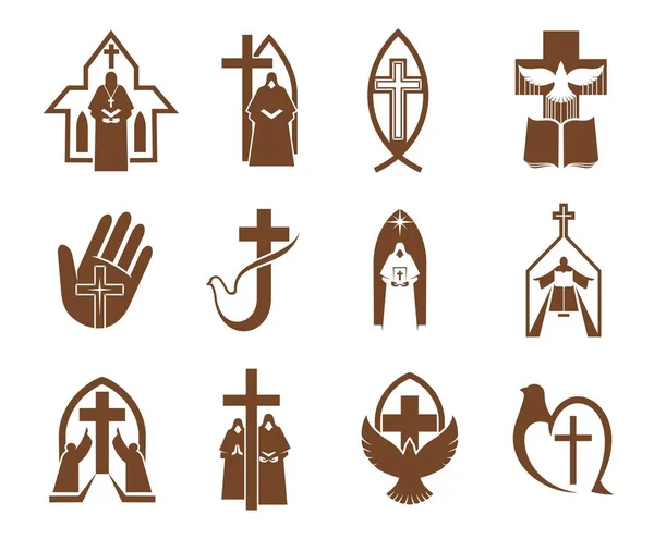 イエスは十字架 宗教のベクトルデザインの鳩のアイコン キリスト教とカトリック教会 司祭と天使 十字架と魚の茶色のシンボル 信仰と宗教的なテーマ — ストックベクタ