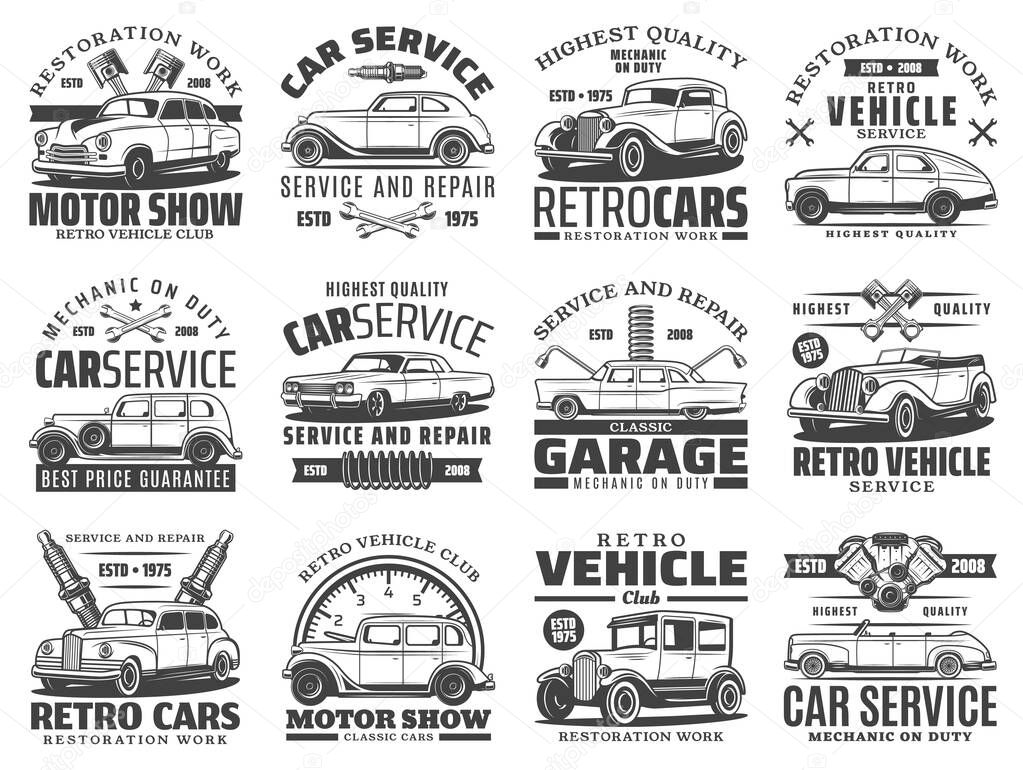Car service of retro vehicle vector icons of auto repair and mechanic garage design. Vintage cars with spare parts and tools, engine piston, spanner and wrench, spark plug, speedometer and suspension