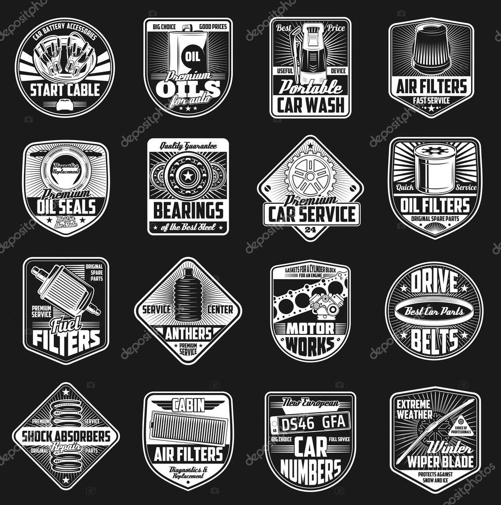 Car maintenance and spare part vector icons, service and mechanic garage station. Vehicle engine motor oil, gear and bearings, start cable, air and fuel filters, number plate, wiper blade and anther