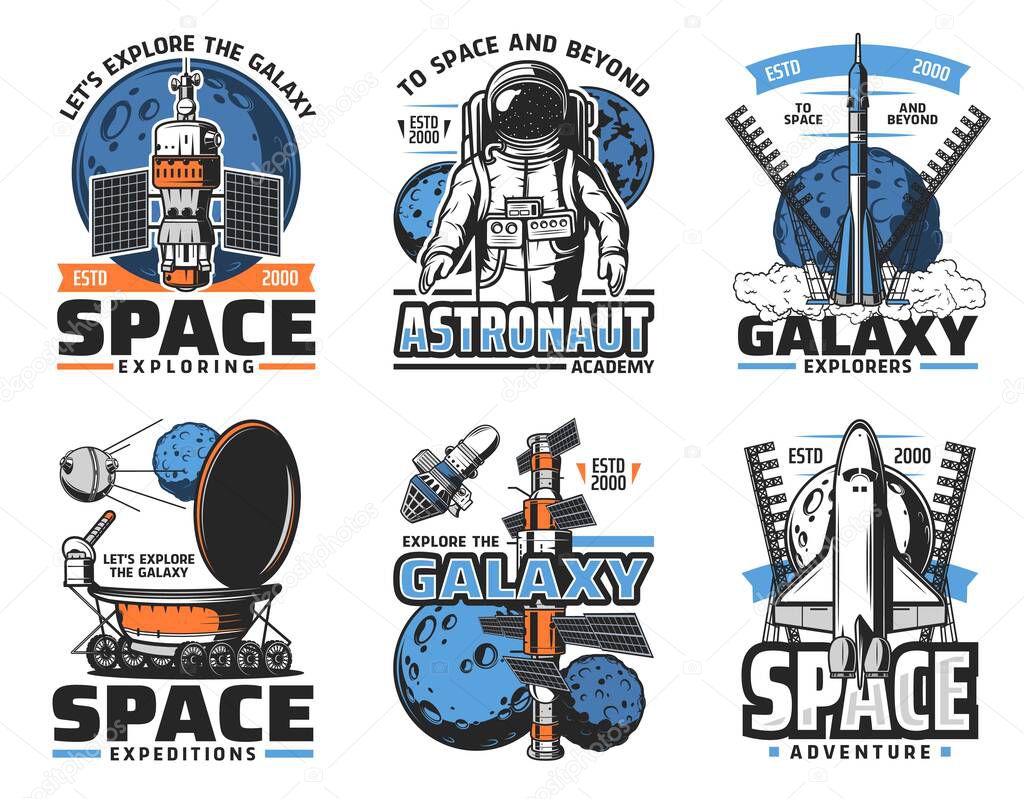 Space icons with astronaut, rockets and galaxy planets, astronomy and universe exploring. Vector spaceship, satellite, Earth and Moon, spaceman, star and launch pad, lunar rover and space suit