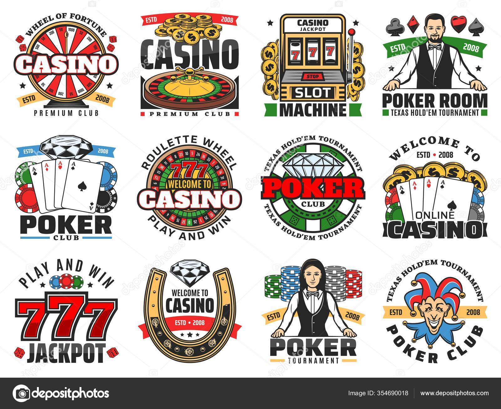 赌场轮盘赌扑克和老虎机图标矢量设计赌博游戏筹码骰子和扑克牌幸运轮头彩777和硬币幸运马蹄小丑和小丑的符号图库矢量图©VectorTradition  354690018