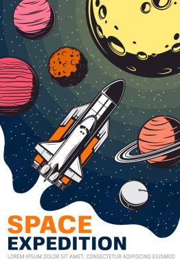 Uzayda gezegenler, uydu, galaksi ve evren seyahat vektör tasarımlı bir roket. Yıldızlı uzay gemisi veya mekik, yörüngeli Ay ve Satürn, Venüs, Jüpiter ve Mars retro posterleri