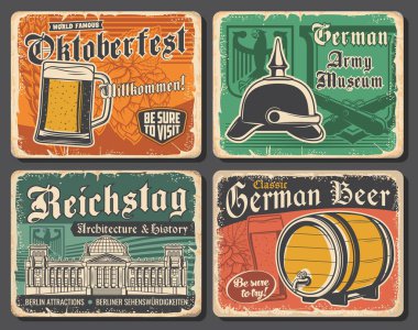 Almanya şehir simgeleri ve Alman Ekim Festivali bira vektör tasarımı. Cam, fıçı ve tankard bira ya da arpa ve zıpzıp, Reichstag binası, heraldik kartal ve çivili miğfer