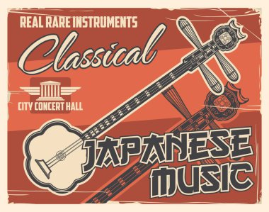 Shamisen ile Japon müzik konseri retro posteri. Tahta gövdeli, kazıklı ve kasımpatı çiçekleri oyulmuş telli müzik aleti tasarımı.