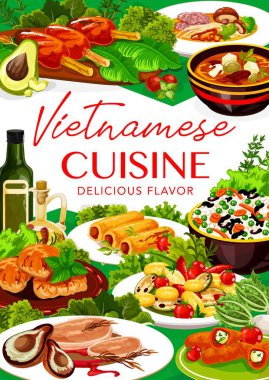 Vietnam mutfağı ızgara et, balık ve Asya yemeklerinin sebze pilav vektör tasarımı. Erişte mantarı çorbası, fırında domuz eti ve biftek pho bo, pirzola, kırmızı biber ve peynirle doldurulmuş gözleme.