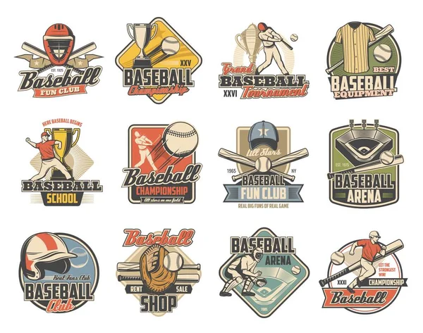 Béisbol Deporte Iconos Retro Con Bolas Vectoriales Murciélagos Trofeos Copa — Vector de stock