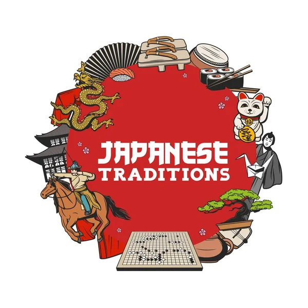 Traditions Japonaises Icône Vectorielle Avec Culture Asiatique Bonsaï Arbre Nourriture — Image vectorielle