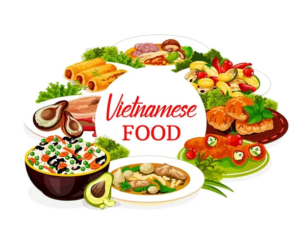 ベトナム料理のベクトルアイコン アジアの野菜ご飯 キノコの麺スープと蜂のフォーボー 焼き魚と梨の豚肉 チーズとハーブの詰めピーマン 甘いパンケーキロール — ストックベクタ