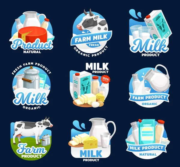 Boerderijmelk Vector Iconen Van Zuivelproducten Met Kaas Boter Room Yoghurt — Stockvector