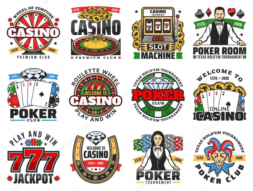 Casino roulette, poker and slot machine icons vector design. Gambling game chips, dice and play cards, wheel of fortune, jackpot 777 and money coins, lucky horseshoe, croupier and joker symbols