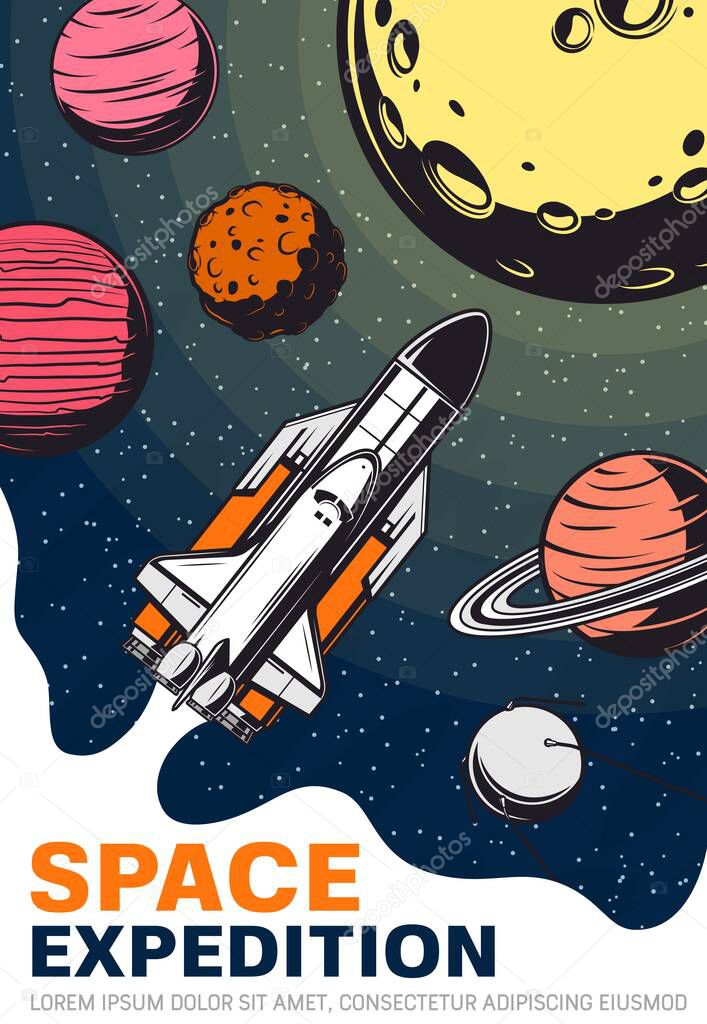 Rocket in space with planets and satellite, galaxy and universe travel vector design. Spaceship or shuttle with stars, Moon and Saturn with orbits, Venus, Jupiter and Mars retro poster