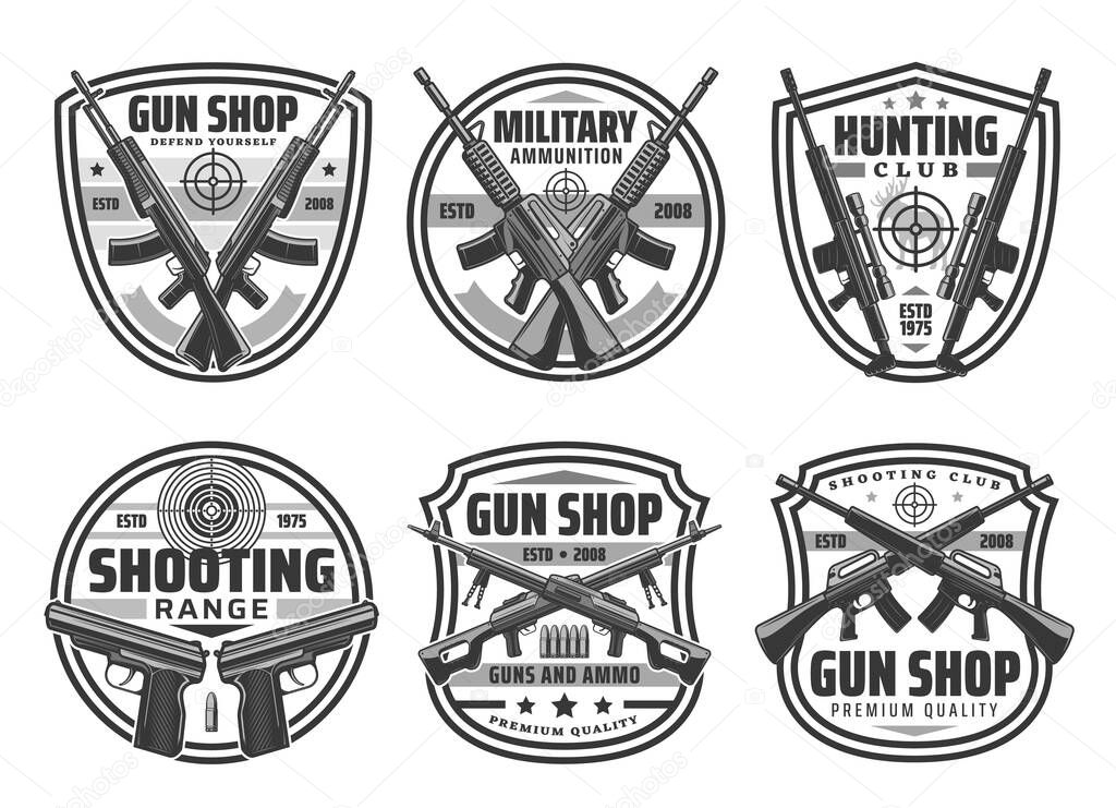 Gun and rifle with target shield badges of hunting sport club, ammo shop and shooting range vector design. Military weapons of army pistols and firearms, hunter shotgun with bullets and cartridges