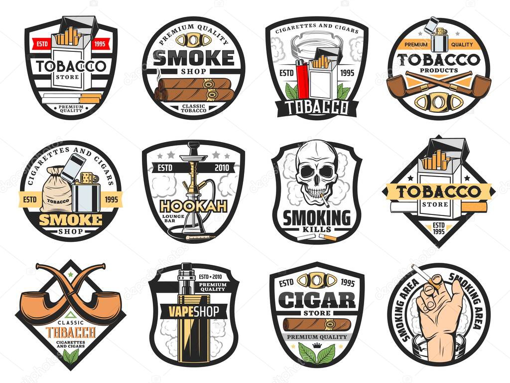 Tobacco store badges with vector cigarette packs, cigars and smoking pipes. Tobacco leaf, bag and smoking skull, ashtray, lighter and hookah, vape, smoker hand and cigar cutter emblems design