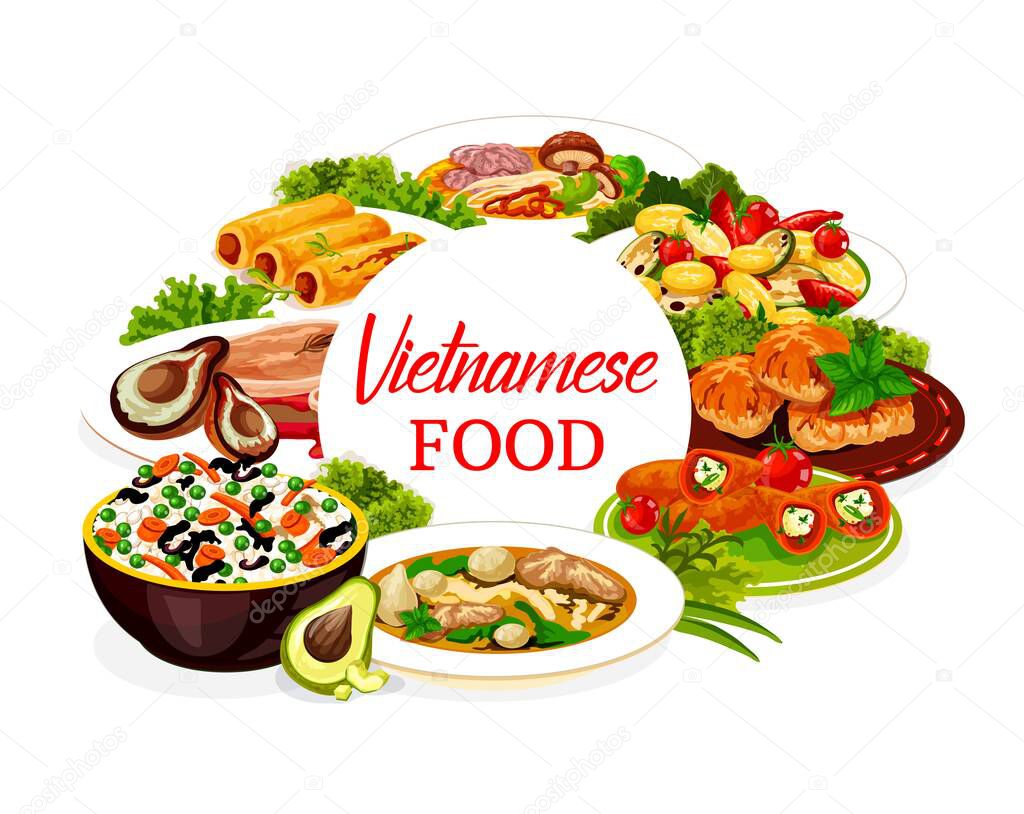 Vietnamese food dishes vector icon. Asian vegetable rice, mushroom noodle soup and bee pho bo, baked fish and pork with pear, stuffed peppers with cheese and herbs, sweet pancake rolls