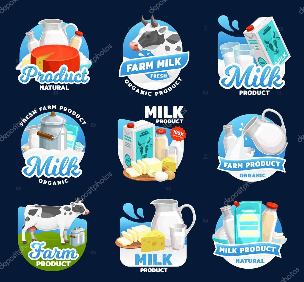Farm milk vector icons of dairy food products with cheese, butter and cream. Yogurt and cow milk in bottles glasses and jugs, sour cream, cottage cheese and curd symbols with drops and splashes