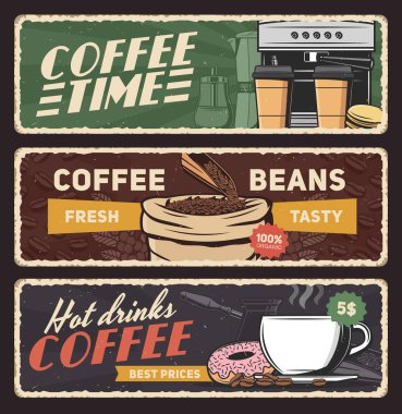 Kahve fincanı, fasulye ve espresso makinesi sıcak içecek vektör tasarımının retro pankartları. Cappuccino bardağı, kahve fincanı ve kağıt bardak kafein içeceği, kızarmış fasulye, şeker ve çörek.