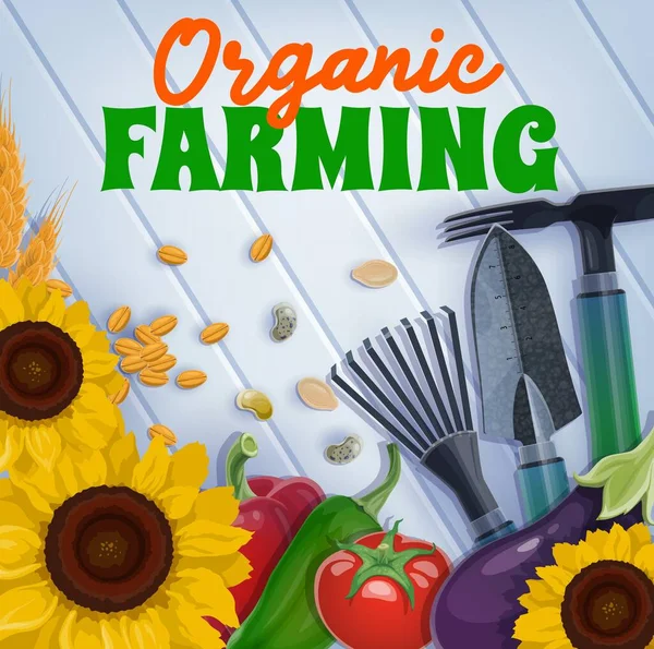 Garden Tools Organic Farming Vegetables Plants Seeds Agriculture Vector Design — Stock Vector