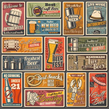 Barın, barın ve Oktoberfest 'in alkollü içecek vektör tasarımının retro posterleri. Köpüklü bardaklar, bardaklar, bardaklar, şişeler ve bira fıçıları bira fıçıları bira ya da bira, zıpır, malt, arpa ve buğday
