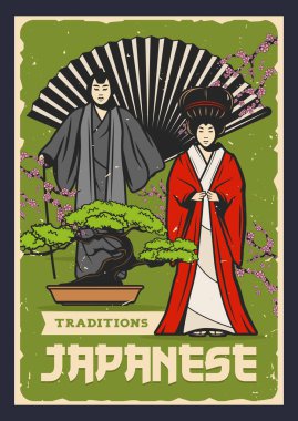 Japon Kabuki ve Noh tiyatro oyuncuları bonsai ağacı ve Asya kültürünün hayran vektör tasarımı. Samuray ve geyşa geleneksel kimono kostümleri, sakura çiçekli dalları ve pembe kiraz çiçekleriyle