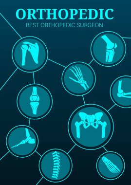 Ortopedik cerrahi, hematoloji kliniği, vektör posteri. Ortopedi cerrahı tıbbı, eklem ve kemik tedavisi teknolojisi, osteoporoz ve eklem iltihabı için sağlık merkezi röntgeni