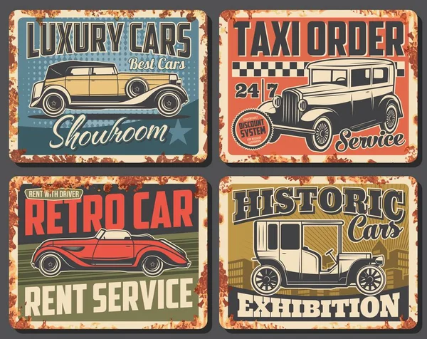Retro Araba Klasik Paslı Metal Tabelalar Vektör Eski Araçlar Kiralık — Stok Vektör