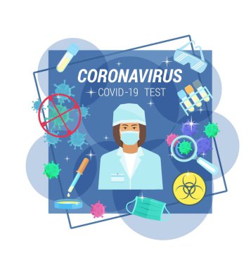 Coronavirus tıbbi test ve analizi. Doktor maske, güvenlik gözlükleri, virüsler ve pipetler, test tüpleri ve mataralar. Tehlikeli biyolojik tehlike taşıyıcı tıbbi poster