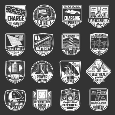 Elektrik enerji ekipmanları ve elektrikçi aletlerinin elektrik servis vektör rozetleri. Ampuller, elektrik sayacı ve kablo, kablo hattı, pil ve voltmetre, voltaj ölçer, anahtar ve güneş paneli