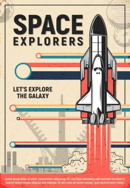 Gökada kaşiflerinin ve astronomi biliminin uzay roketi fırlatma posteri. Uzay mekiği ya da uzay gemisinin fırlatma rampasından fırlatılması veya patlama ateşi, duman ve gezegenlerin geçmişe dönük tasarımı ile kozmodrom