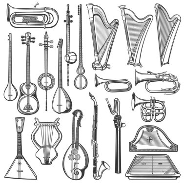Müzik aletleri, vektör çizimi. İzole arplar, tuba, borazan ve klarnet, trompet, vintage lir, balalayka ve gusli, kornet ve cymbalo, katran ve saz, kamancheh ve tanbur, müzik nesneleri
