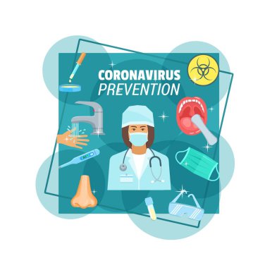 Coronavirus salgını önleme vektör posteri. Maskeli doktor, sıcaklık kontrolü, kıyafet ve güvenlik gözlükleri, el hijyeni, testler ve analizler.
