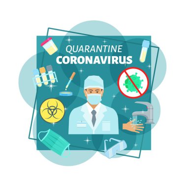 Coronavirus epidemi karantina tıbbi önleme. Virüs enfeksiyonundan sonra 14 günlük karantina yöntemi, koruyucu maskeli doktor, testler ve analizler, el hijyeni ve güvenlik gözlükleri. Vektör posteri