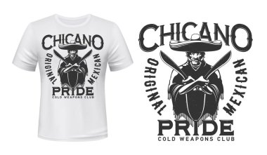 Mexican bandit with knives t-shirt print mockup of bladed weapon or cold arms vector design. Mexican gangster with machetes, sombrero and poncho, custom apparel print template for melee weapon club clipart