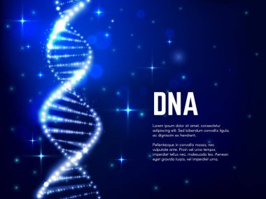 Genetik bilimi, tıp, biyoloji ve biyoteknolojinin DNA parıldayan sarmal vektör tasarımı. Parlak iplikleri, atomları, parlak parıltıları ve parçacıkları olan mavi DNA çift sarmallı molekülü.