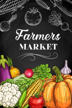 Sebze karatahtası ve taze çiftlik yiyeceği. Domates, sarımsak, lahana ve turp, soğan, patlıcan, balkabağı ve mısır koçanı, yeşil bezelye kabuğu ve karnabahar sebzeleri karatahta tasarımı.
