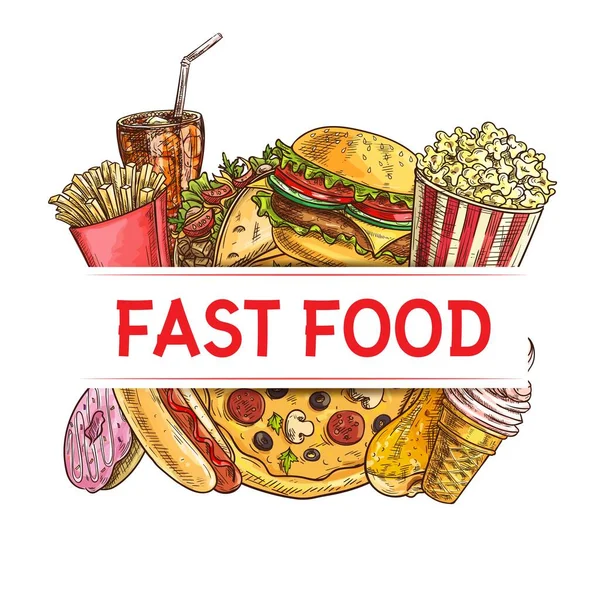 Fast Food Napoje Wektor Baner Burger Pizza Kiełbasa Hot Dog — Wektor stockowy