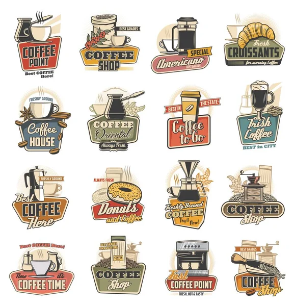 Kawiarnia Kawiarnia Retro Ikony Kubki Wektorowe Ekspres Kawy Desery Kubki — Wektor stockowy