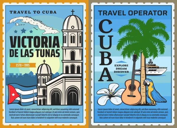 Cuba Viagens Design Vetor Turismo Mapa Cubano Bandeira Praia Ilha — Vetor de Stock