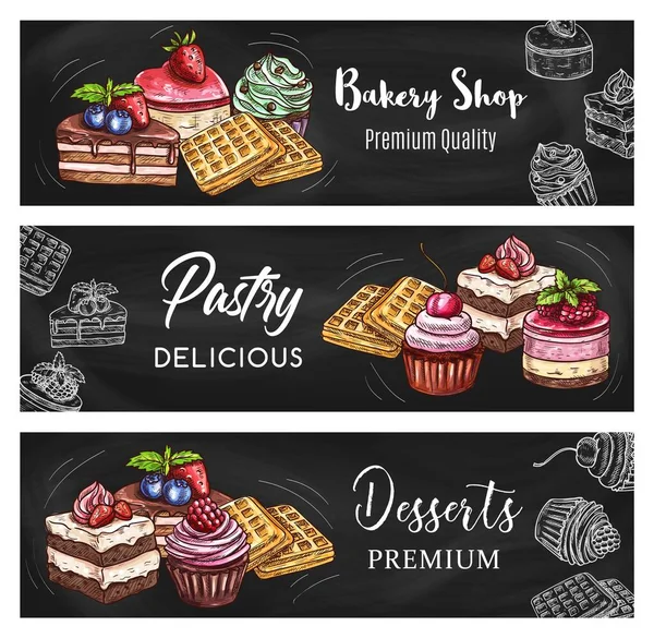 Pastry Dessert Blackboard Banners Sweet Food Chalk Sketches Vector Cakes — Stock Vector