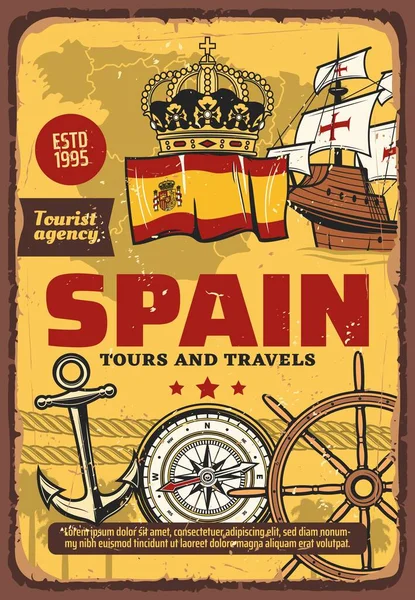 España Viajes Turismo Navegación Náutica Descubrimiento Mapa Vectorial Bandera Corona — Archivo Imágenes Vectoriales