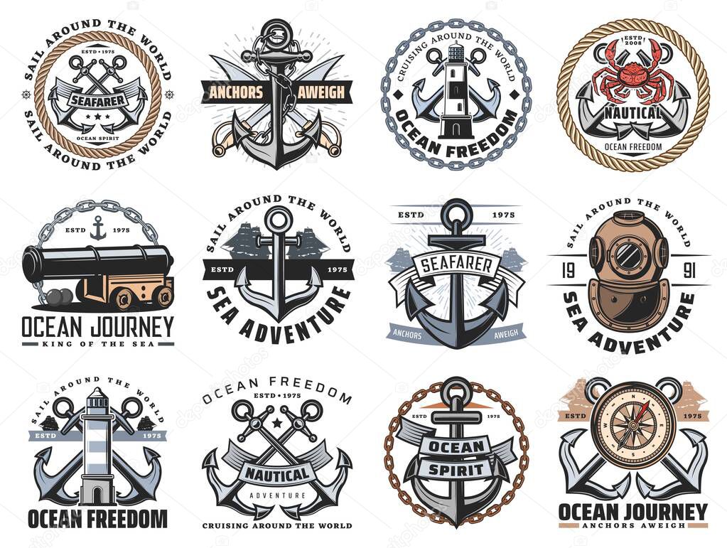 Nautical icons of sea travel and ocean adventure vector design. Ship anchor, rope and chain, marine sail boat, compasses and diving helmet, lighthouse, sailor sword and naval cannon heraldic badges