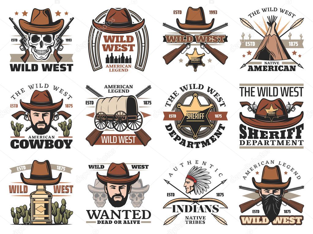 Wild West cowboy skull and sheriff with hat and gun vector icons. Western bandits, ranger stars and indian chief, native american arrows and bow, horseshoe, covered wagon, teepee and tequila