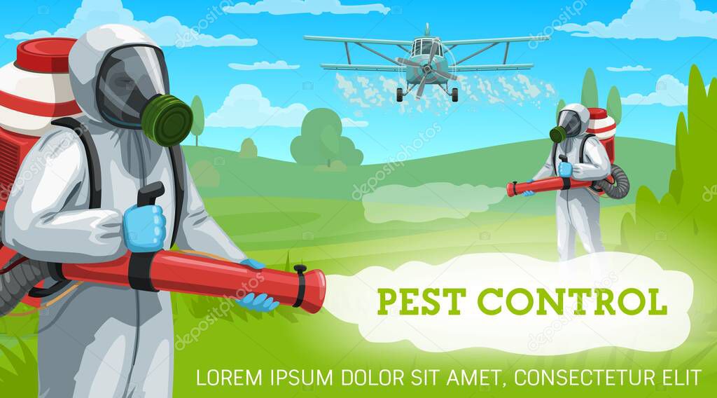 Agricultural pest control vector design. Exterminators and crop duster airplane spraying pesticides and herbicides over farm fields and garden trees with fogging machines, sprayers, protective suits