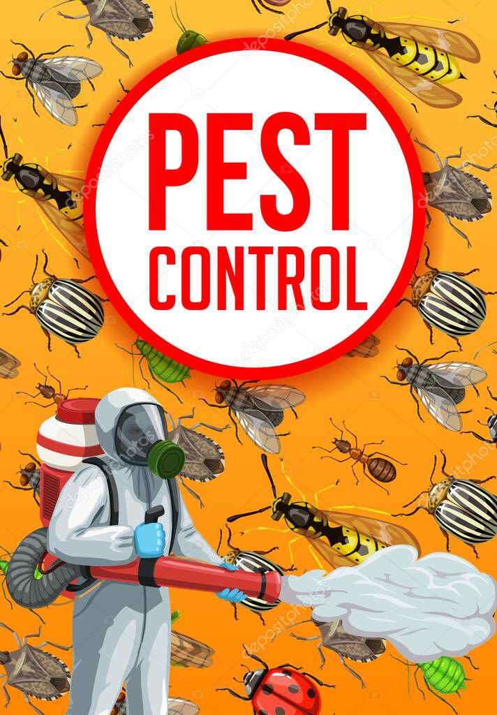 Extermination of agricultural crop insects, pest control vector design. Exterminator with pesticide sprayer, wasp, colorado beetle and aphid, ant, fly and ladybug pests, protective costume and mask