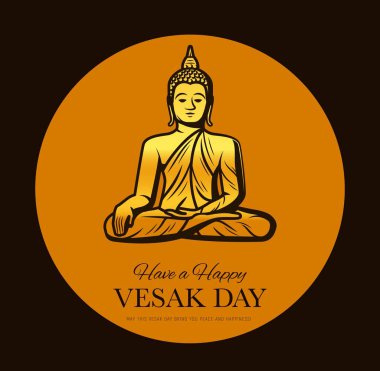 Budizm dini Buda bayramının Vesak Günü vektör tasarımı. Meditasyon yapan Buda 'nın altın heykeli, Tayland Budist kutsal heykeli doğum kartı, aydınlanma ve Asya dini tanrısının ölümü.