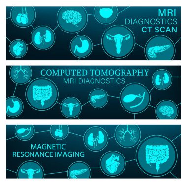 MRI testleri ve organların tomografi taramaları, beyin ve kalp taşıyıcı tıp afişleri. Böbreklerin, mesanenin, rahmin ve testislerin manyetik rezonans görüntüleme ve bilgisayarlı tomografi taramaları